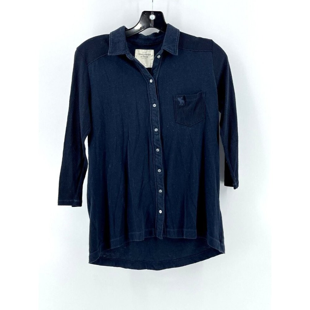 Abercrombie & Fitch Women's Black Knit 3/4 Sleeve Collared Button Shirt Small